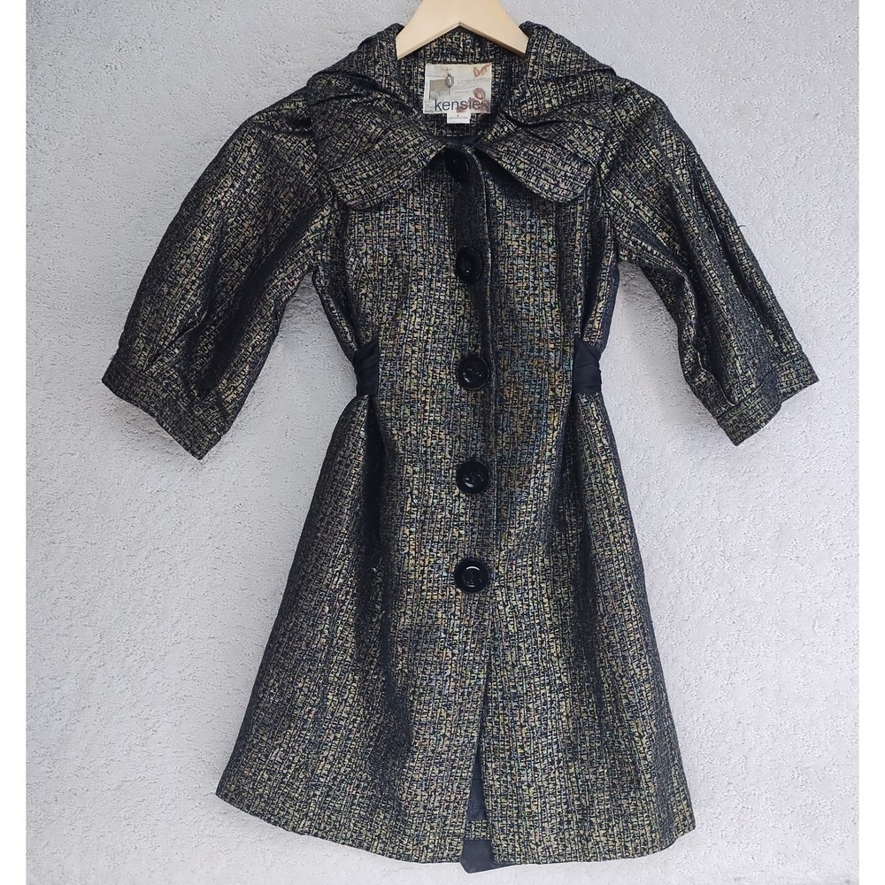 Kensie Coat Womens 8 Metallic Gold Black Textured 3/4 Sleeve Button Tie Evening